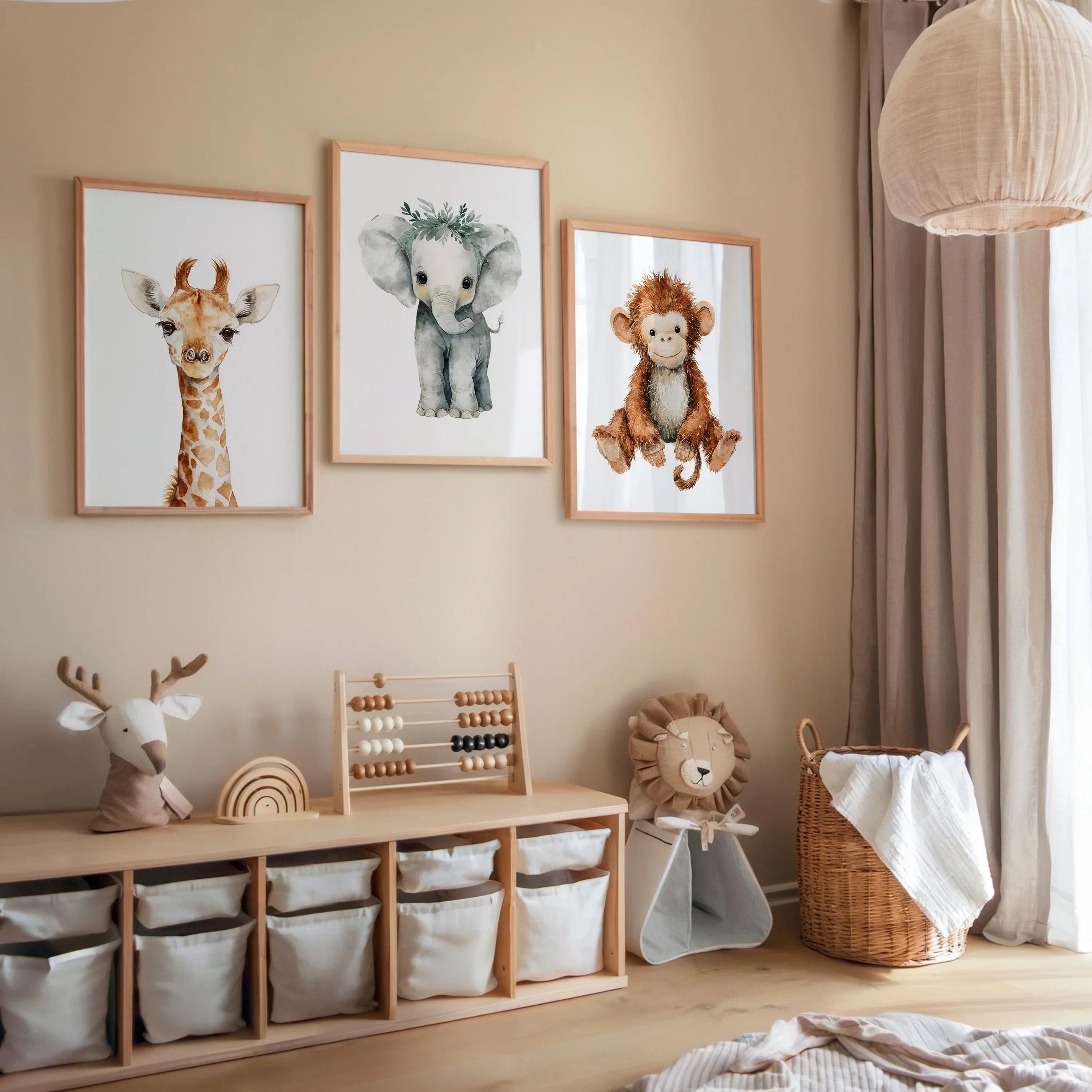 Safari nursery wall art set of 3 – watercolor baby elephant, lion, and giraffe in boho tones