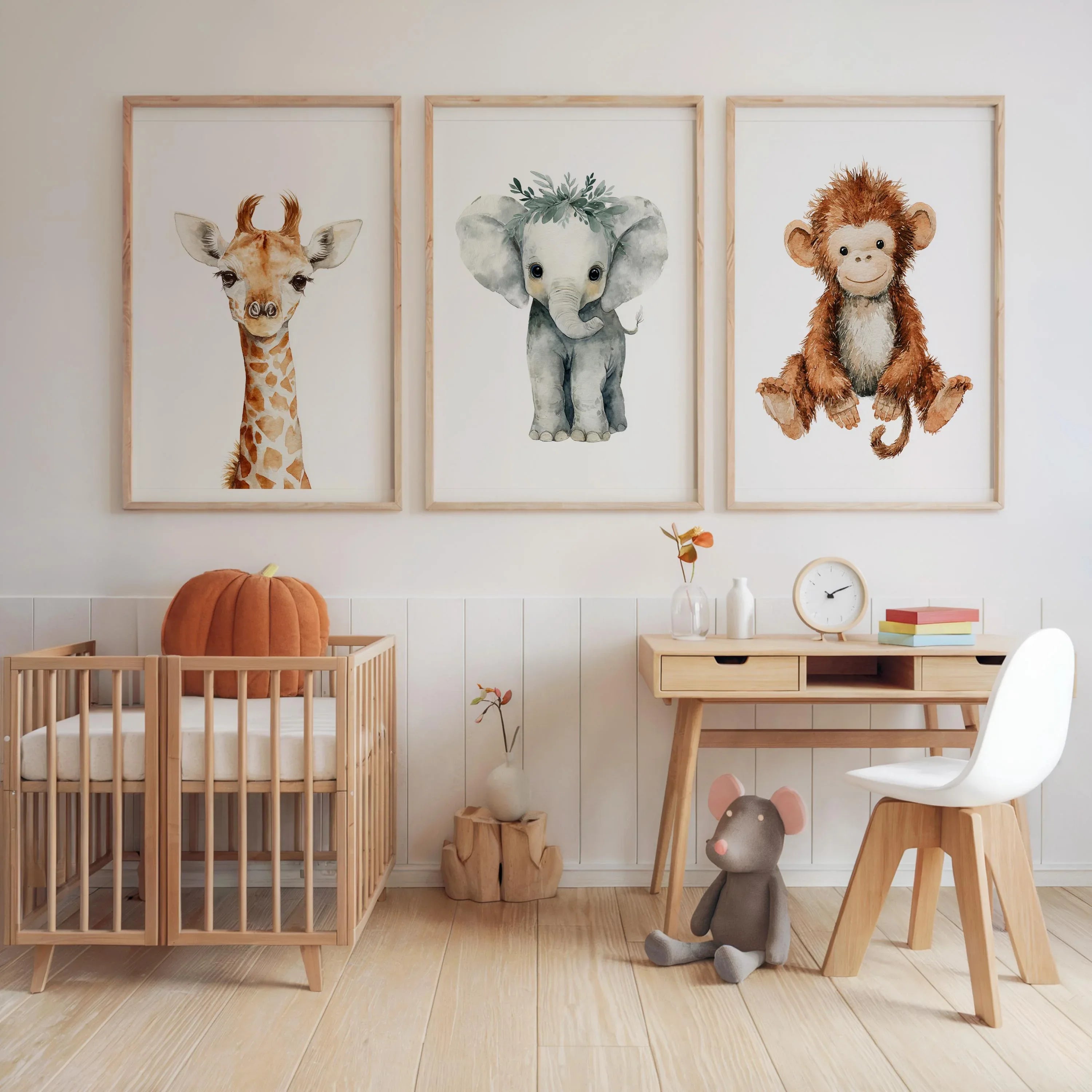 Safari nursery wall art set of 3 – watercolor baby elephant, lion, and giraffe in boho tones