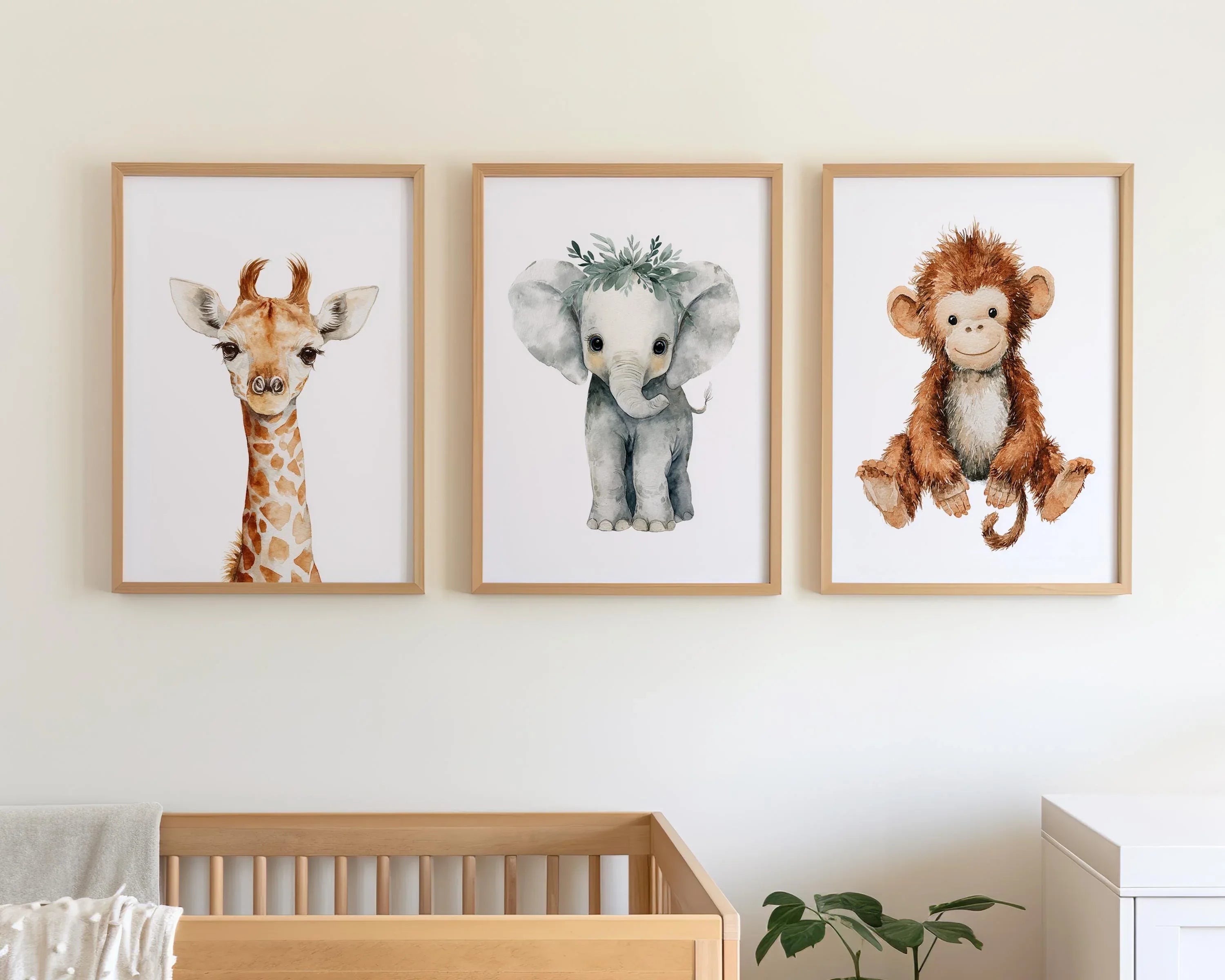 Safari nursery wall art set of 3 – watercolor baby elephant, lion, and giraffe in boho tones