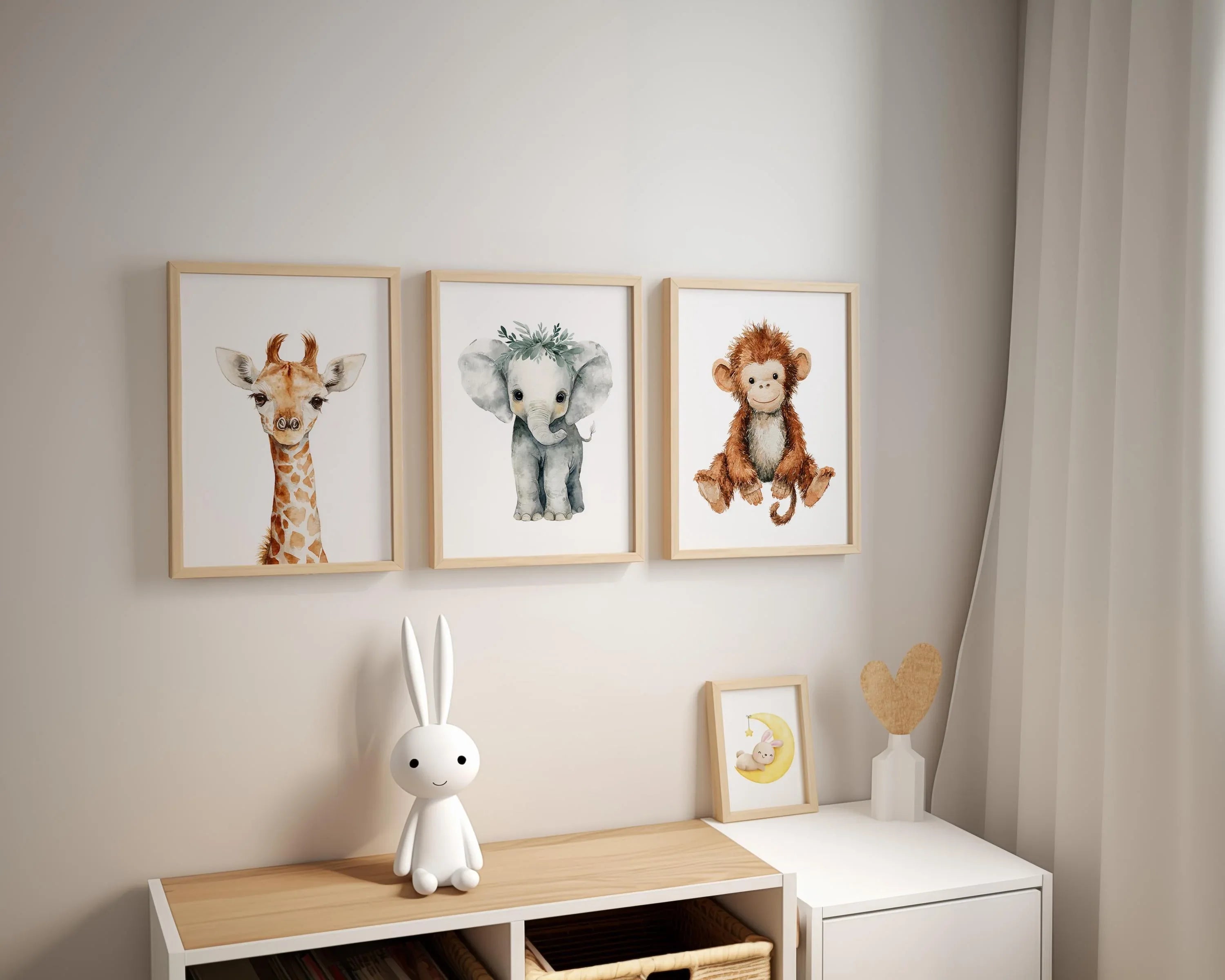 Safari nursery wall art set of 3 – watercolor baby elephant, lion, and giraffe in boho tones