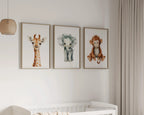 Safari nursery wall art set of 3 – watercolor baby elephant, lion, and giraffe in boho tones