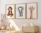 Safari nursery wall art set of 3 – watercolor baby elephant, lion, and giraffe in boho tones