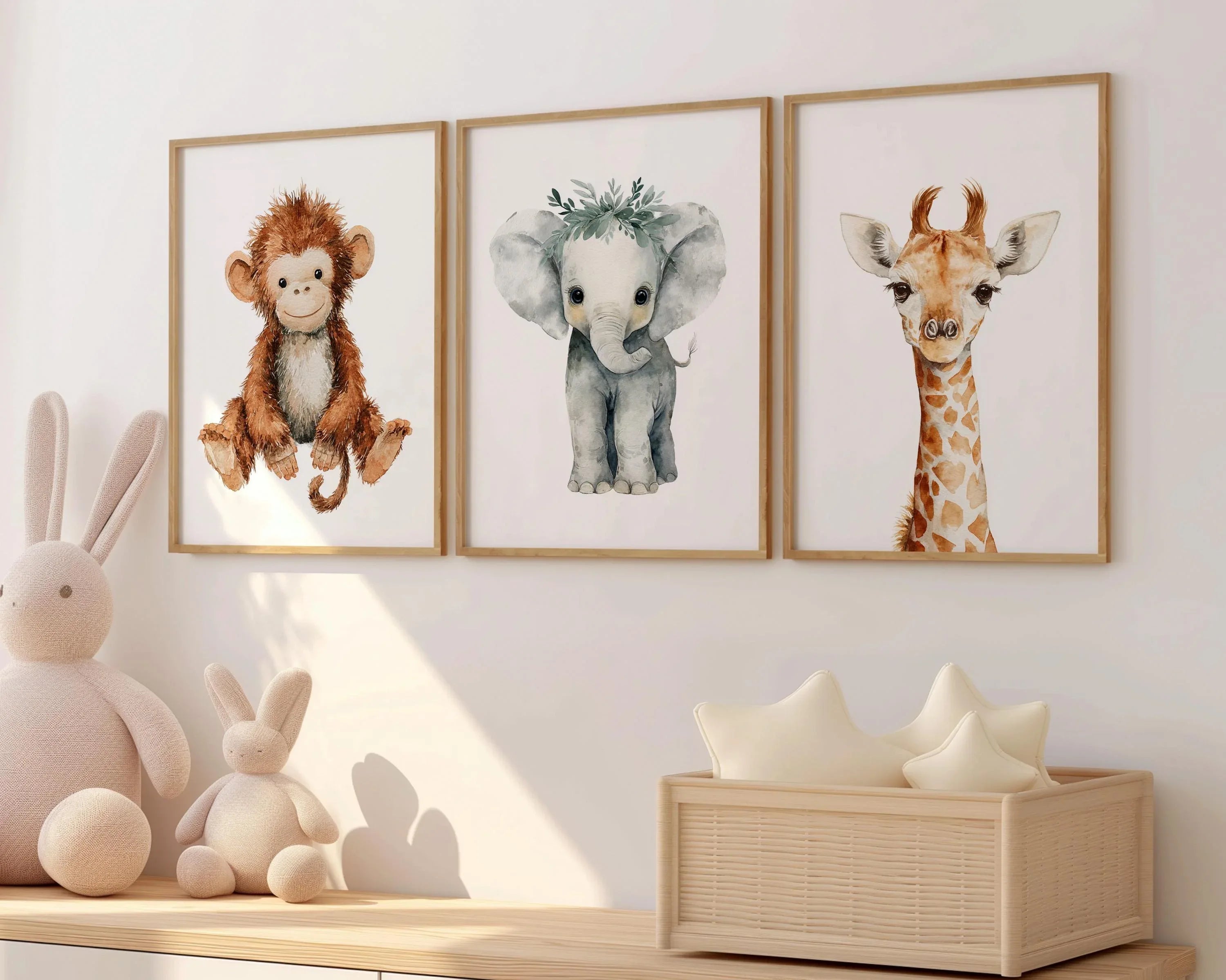 Safari nursery wall art set of 3 – watercolor baby elephant, lion, and giraffe in boho tones