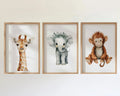 Safari nursery wall art set of 3 – watercolor baby elephant, lion, and giraffe in boho tones