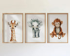 Safari nursery wall art set of 3 – watercolor baby elephant, lion, and giraffe in boho tones