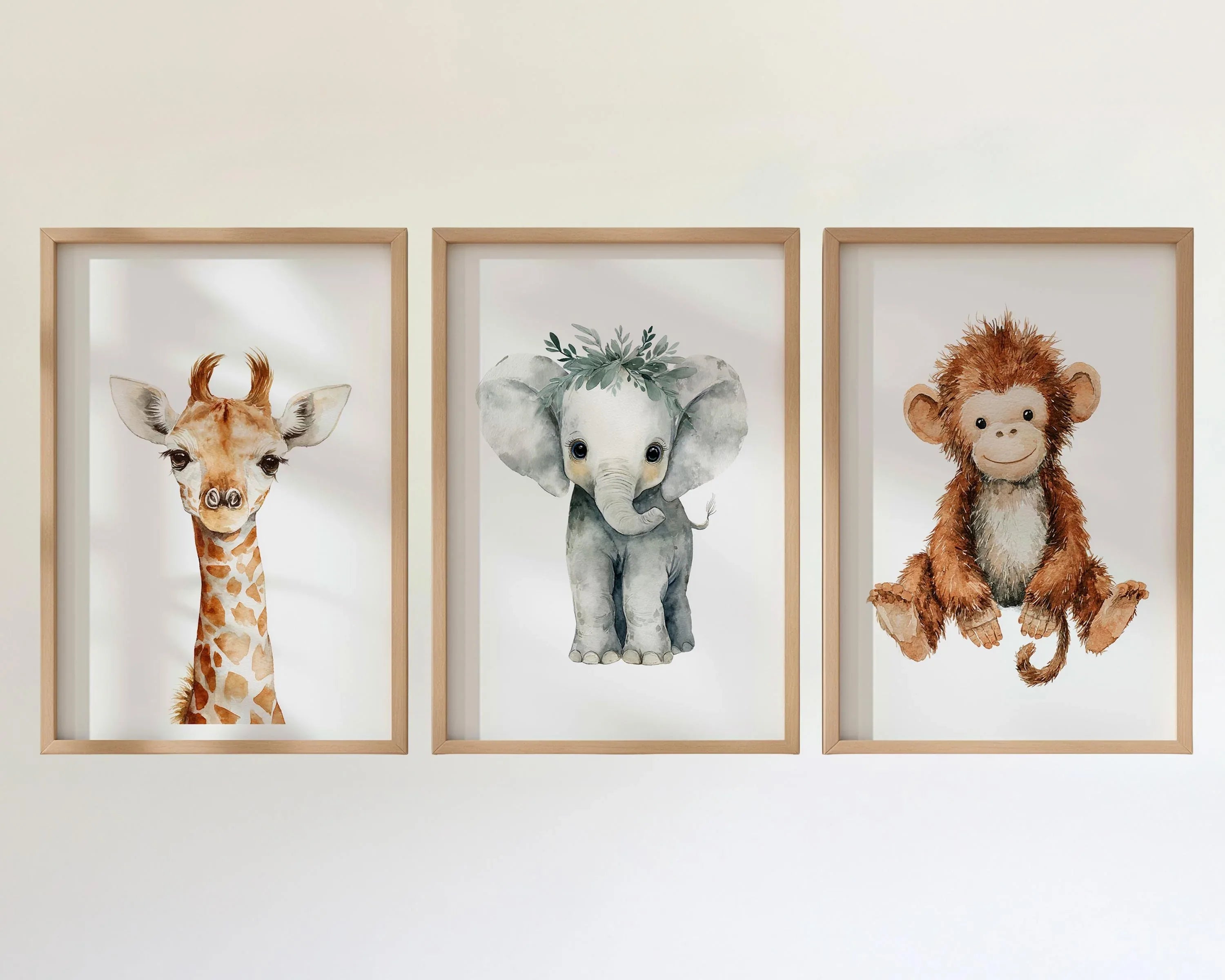 Safari nursery wall art set of 3 – watercolor baby elephant, lion, and giraffe in boho tones