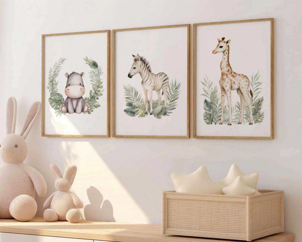 Safari nursery wall art set of 3 – vibrant watercolor elephant, lion, and giraffe