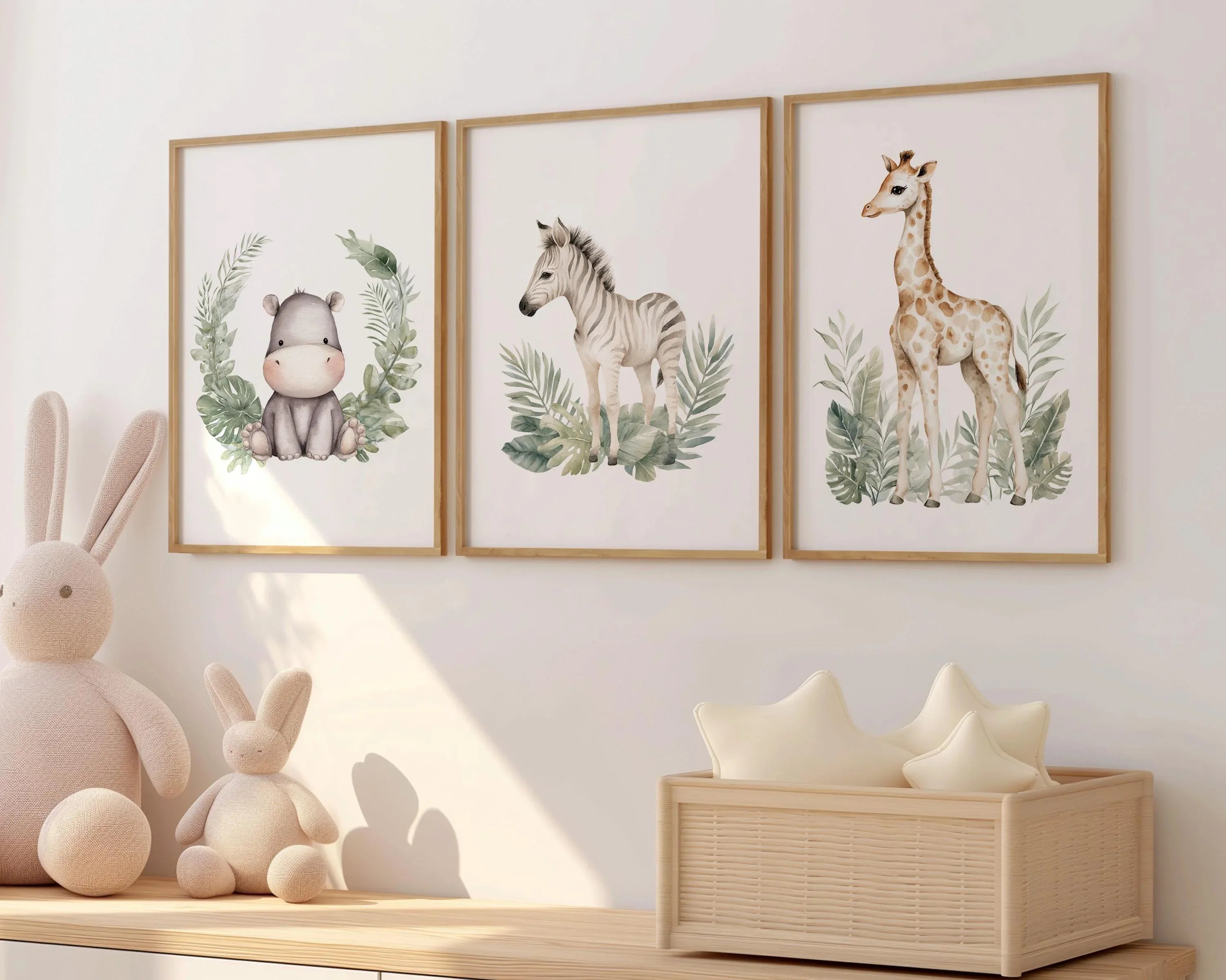Safari nursery wall art set of 3 – vibrant watercolor elephant, lion, and giraffe