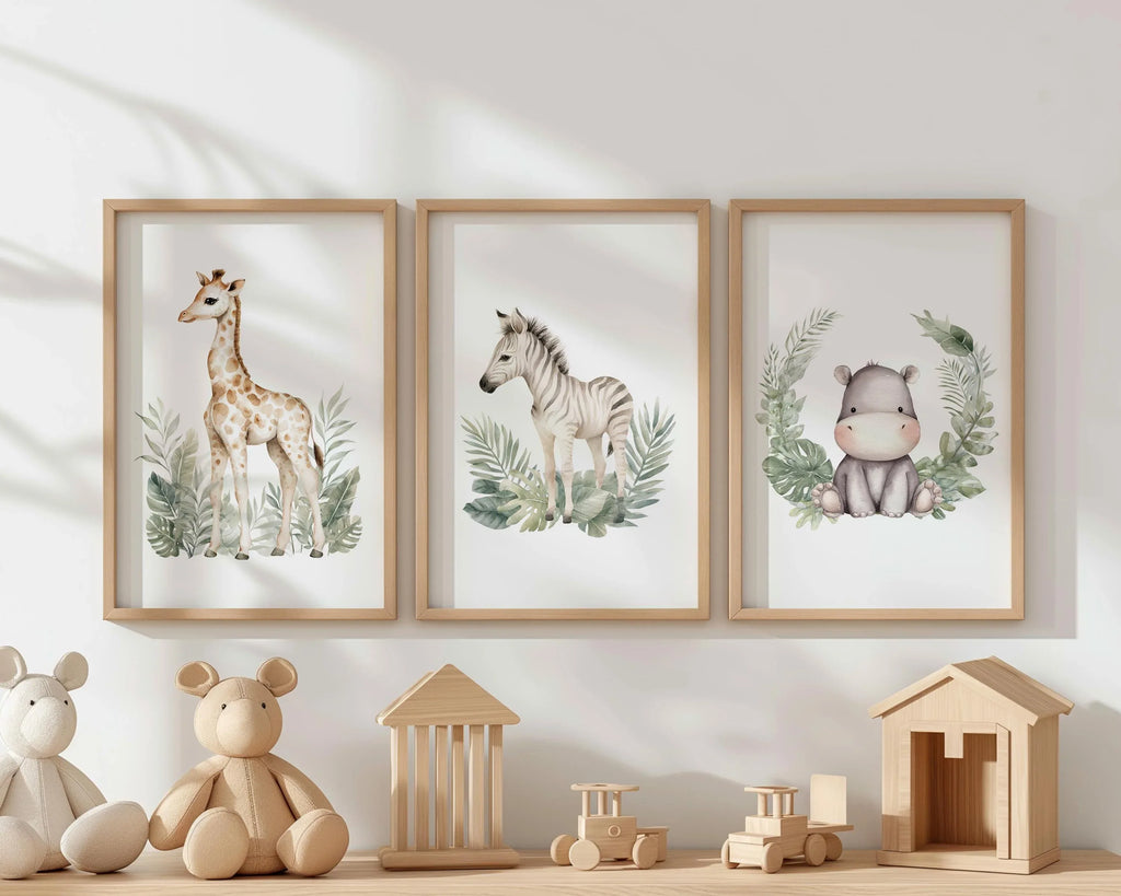 Safari nursery wall art set of 3 – vibrant watercolor elephant, lion, and giraffe