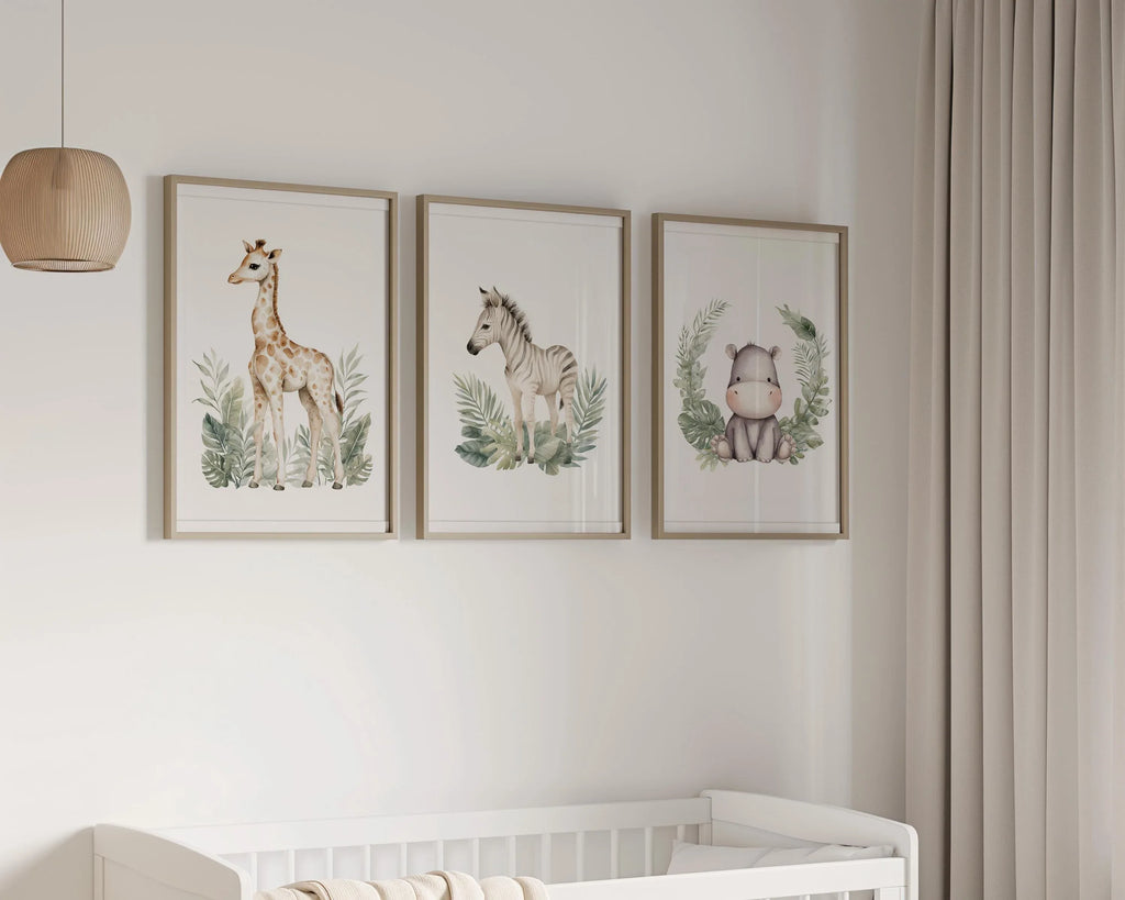 Safari nursery wall art set of 3 – vibrant watercolor elephant, lion, and giraffe