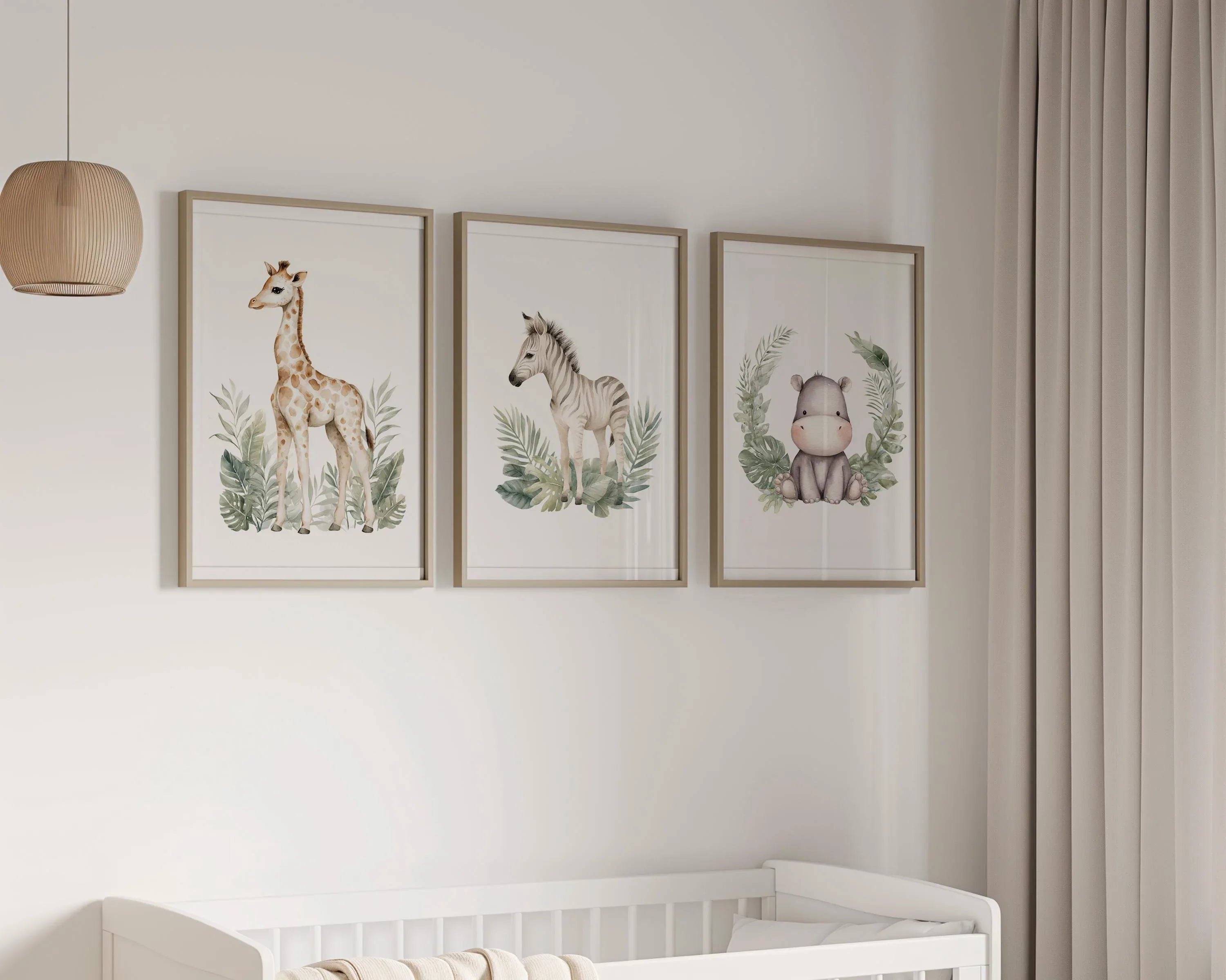 Safari nursery wall art set of 3 – vibrant watercolor elephant, lion, and giraffe