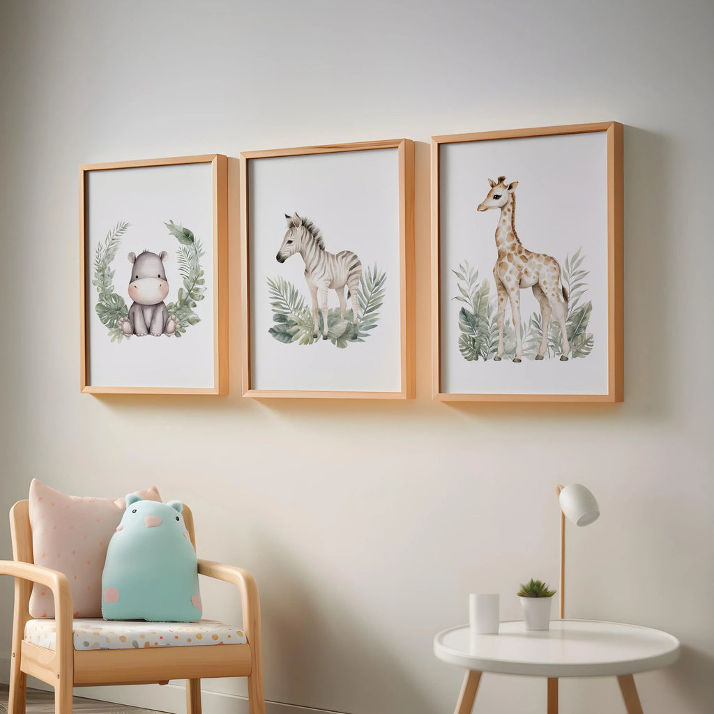 Safari nursery wall art set of 3 – vibrant watercolor elephant, lion, and giraffe