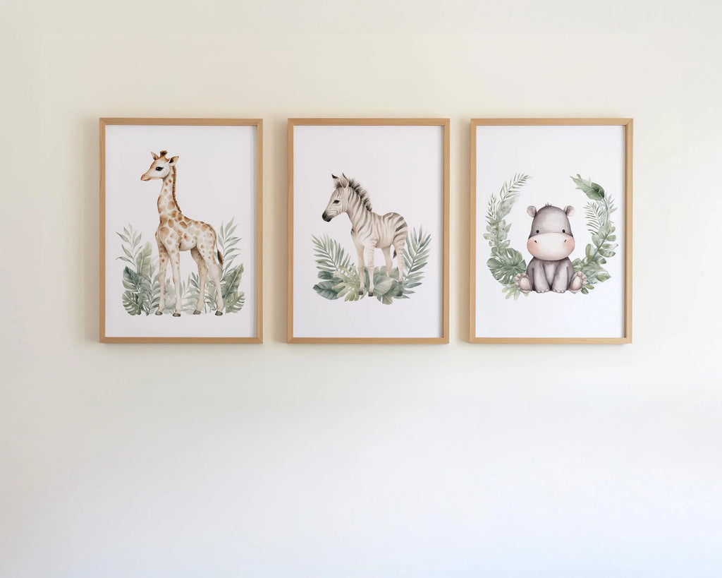 Safari nursery wall art set of 3 – vibrant watercolor elephant, lion, and giraffe