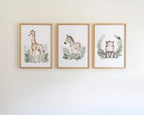 Safari nursery wall art set of 3 – vibrant watercolor elephant, lion, and giraffe