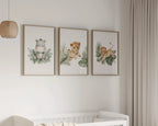 Safari nursery wall art set of 3 – watercolor lion cub and hippo with tropical leaves