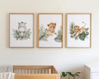 Safari nursery wall art set of 3 – watercolor lion cub and hippo with tropical leaves