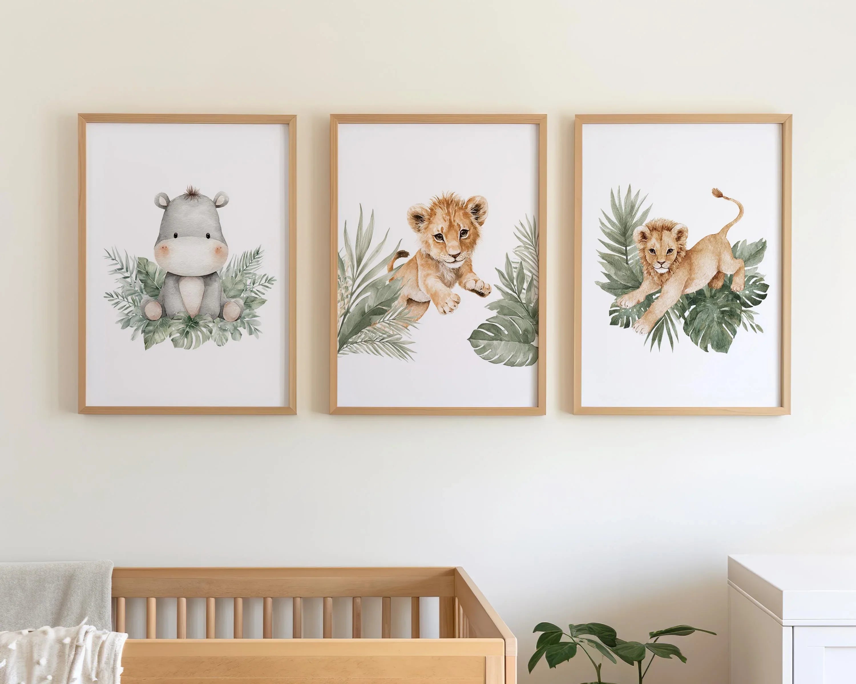 Safari nursery wall art set of 3 – watercolor lion cub and hippo with tropical leaves