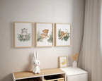 Safari nursery wall art set of 3 – watercolor lion cub and hippo with tropical leaves