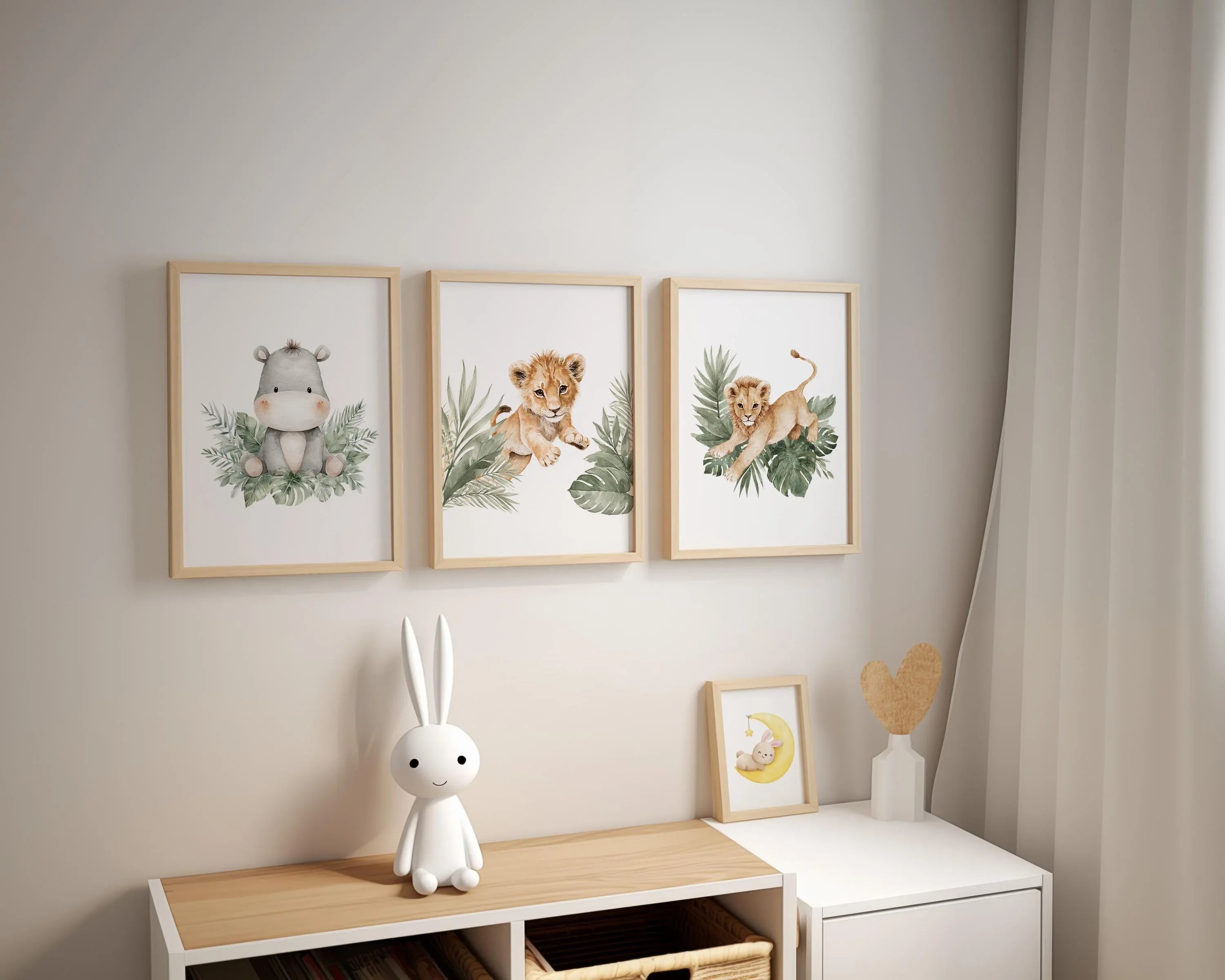 Safari nursery wall art set of 3 – watercolor lion cub and hippo with tropical leaves
