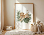 Safari nursery wall art set of 3 – watercolor lion cub and hippo with tropical leaves
