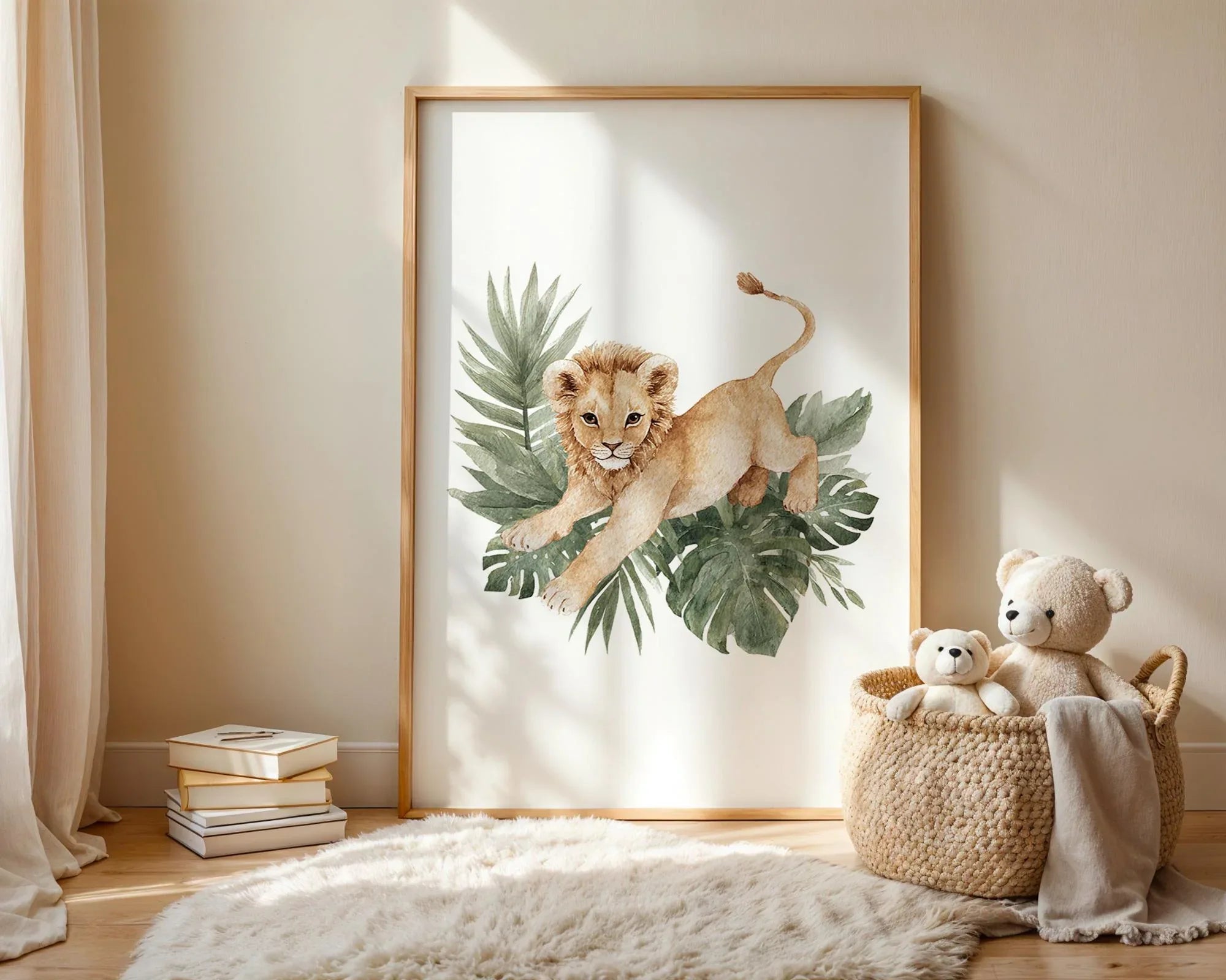 Safari nursery wall art set of 3 – watercolor lion cub and hippo with tropical leaves