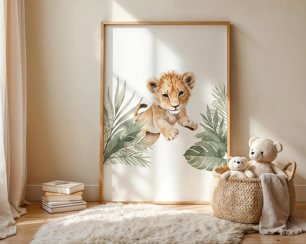 Safari nursery wall art set of 3 – watercolor lion cub and hippo with tropical leaves