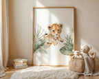 Safari nursery wall art set of 3 – watercolor lion cub and hippo with tropical leaves