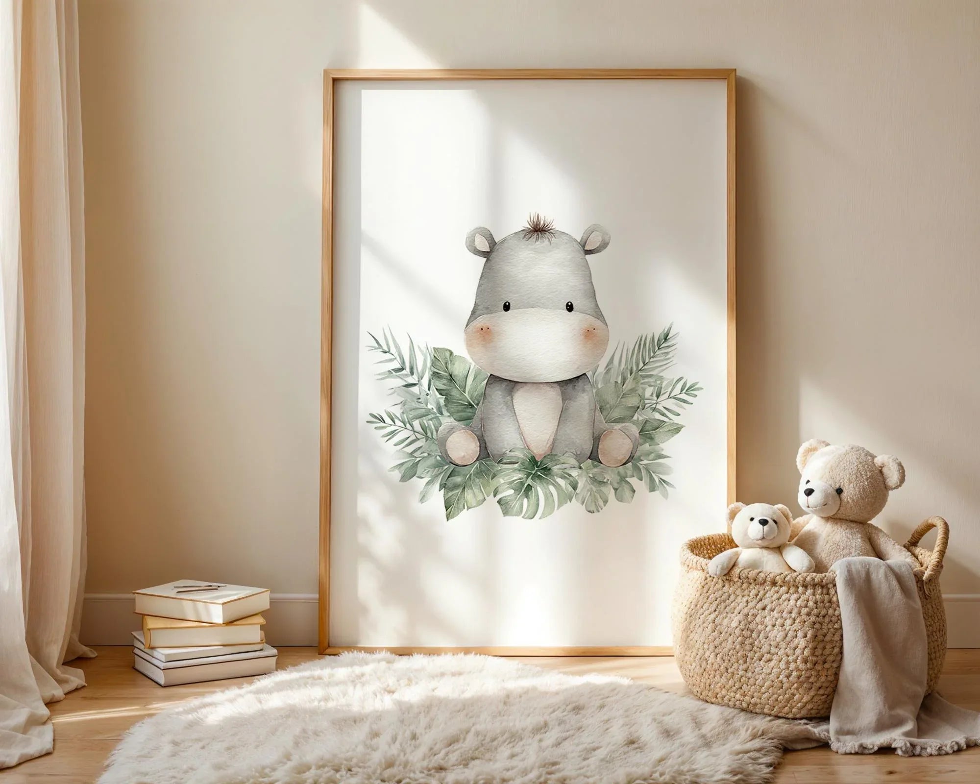 Safari nursery wall art set of 3 – watercolor lion cub and hippo with tropical leaves
