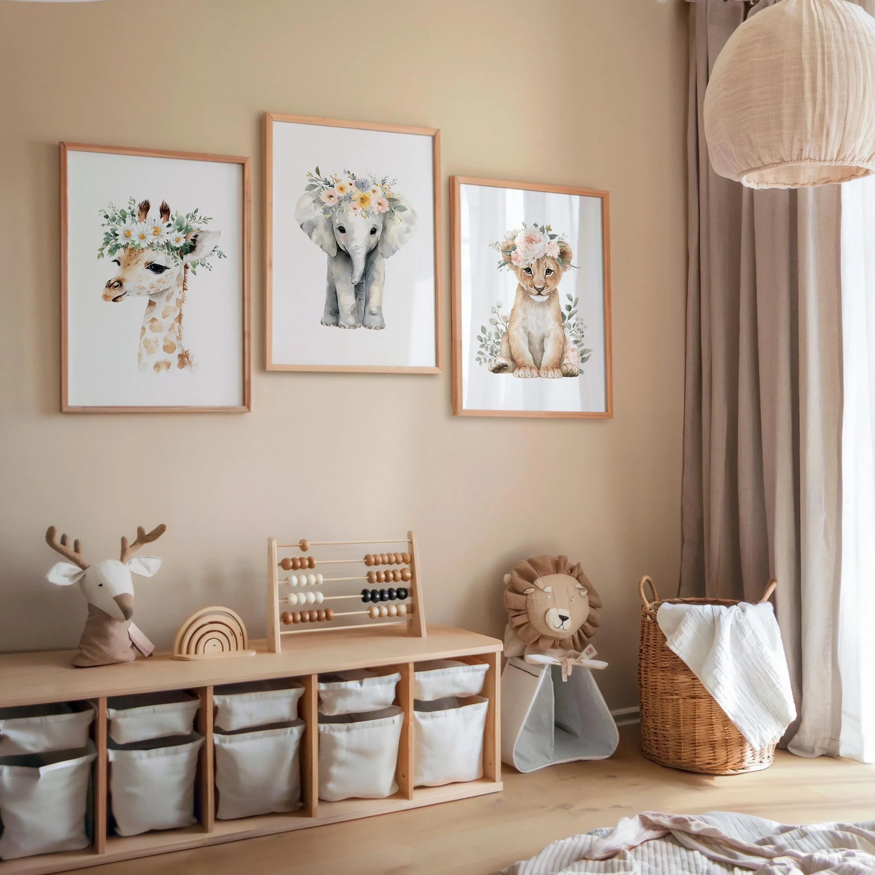 Safari animal wall art with floral crowns – adorable girl nursery set in pink watercolor