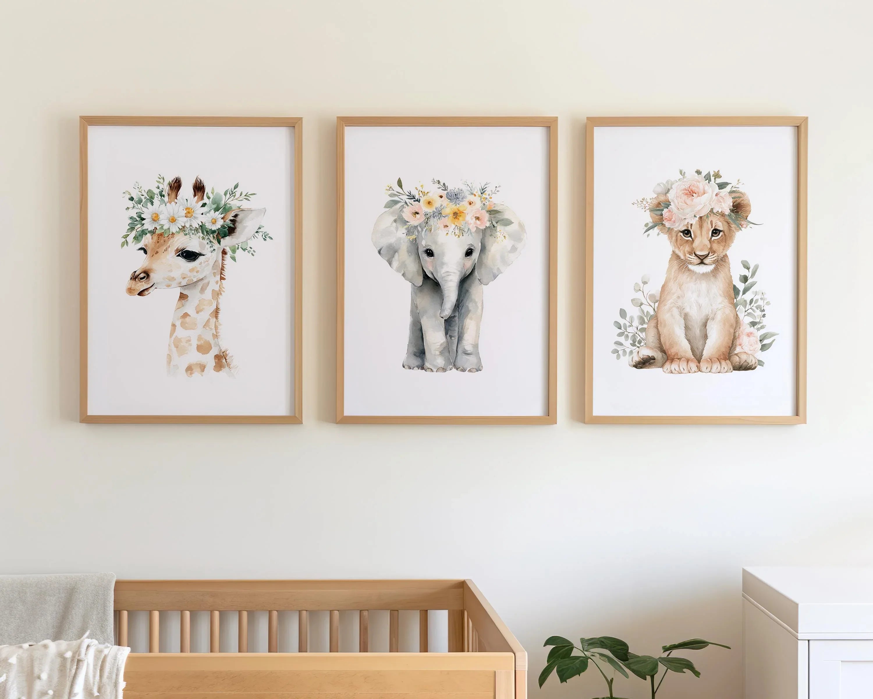 Safari animal wall art with floral crowns – adorable girl nursery set in pink watercolor