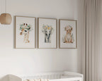 Safari animal wall art with floral crowns – adorable girl nursery set in pink watercolor