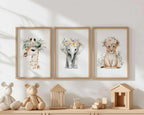 Safari animal wall art with floral crowns – adorable girl nursery set in pink watercolor