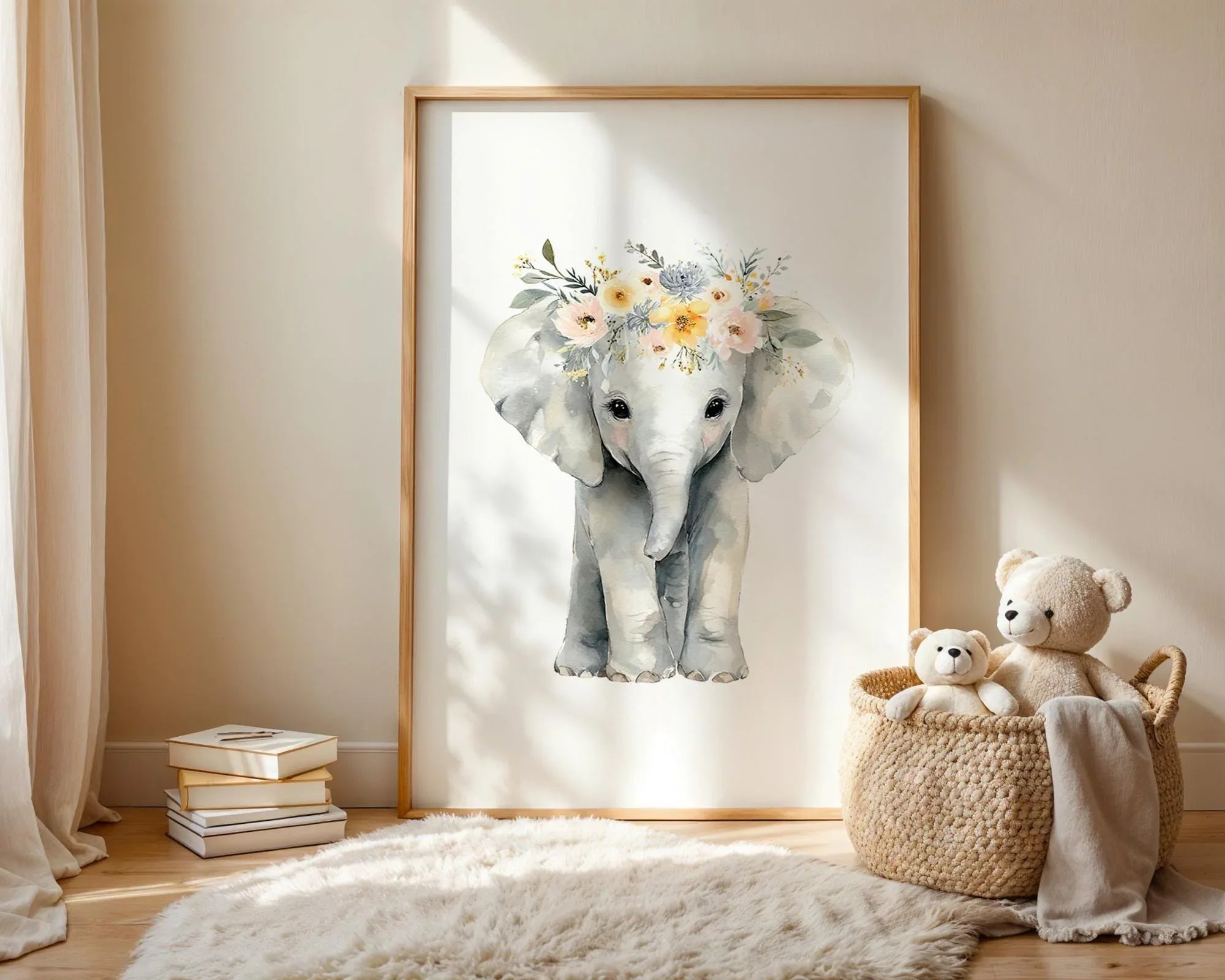 Safari animal wall art with floral crowns – adorable girl nursery set in pink watercolor