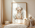 Safari animal wall art with floral crowns – adorable girl nursery set in pink watercolor