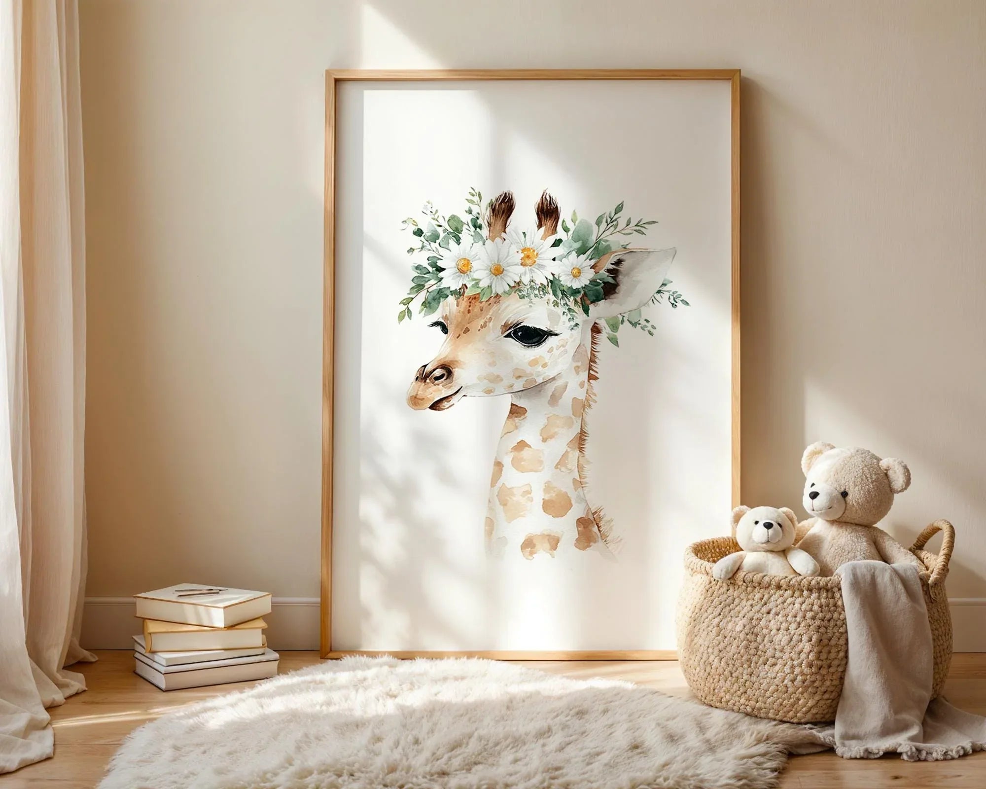 Safari animal wall art with floral crowns – adorable girl nursery set in pink watercolor