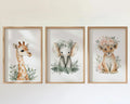 Safari animal wall art with floral crowns – adorable girl nursery set in pink watercolor