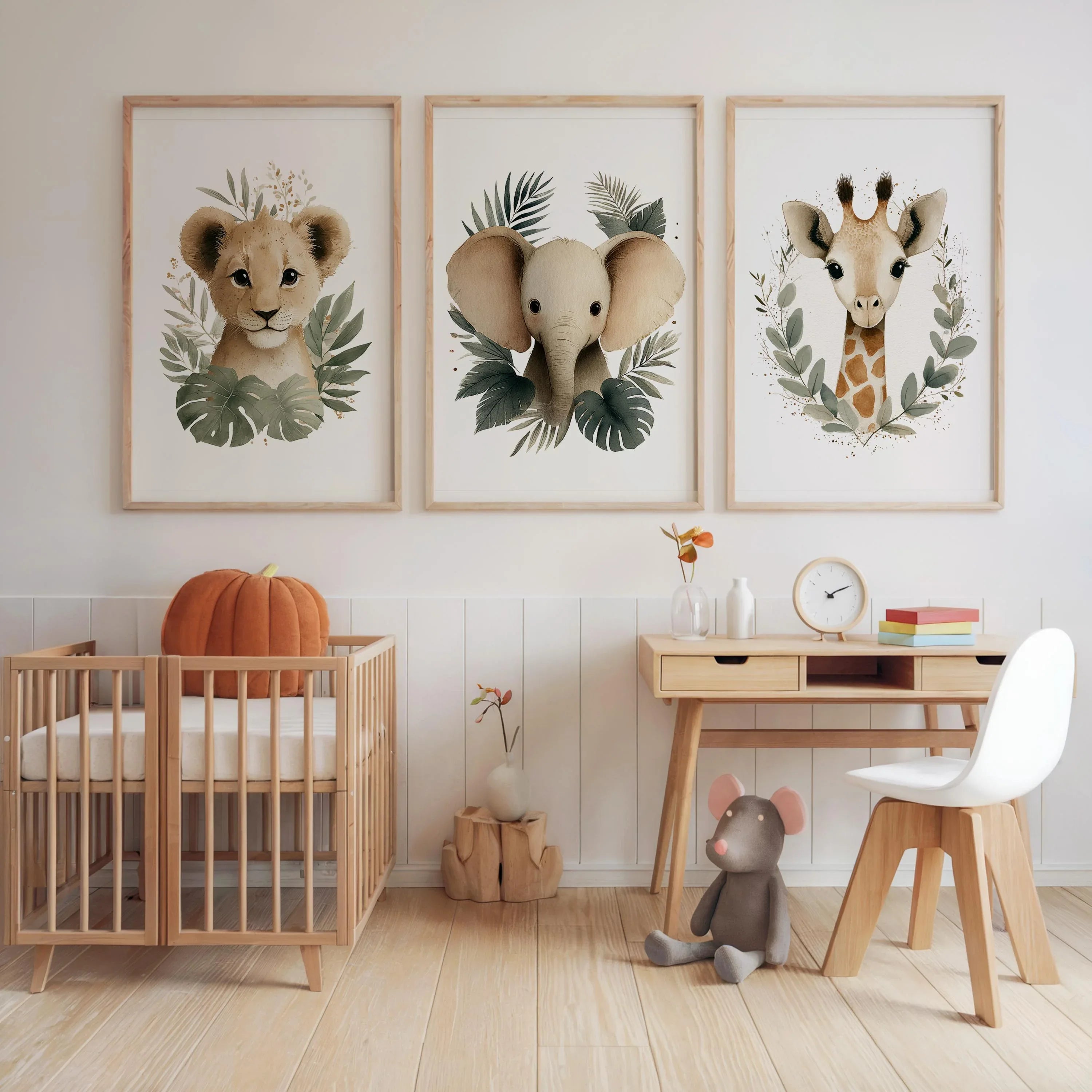 Safari animal wall art set of 3 – watercolor lion, elephant, and giraffe portraits for nursery