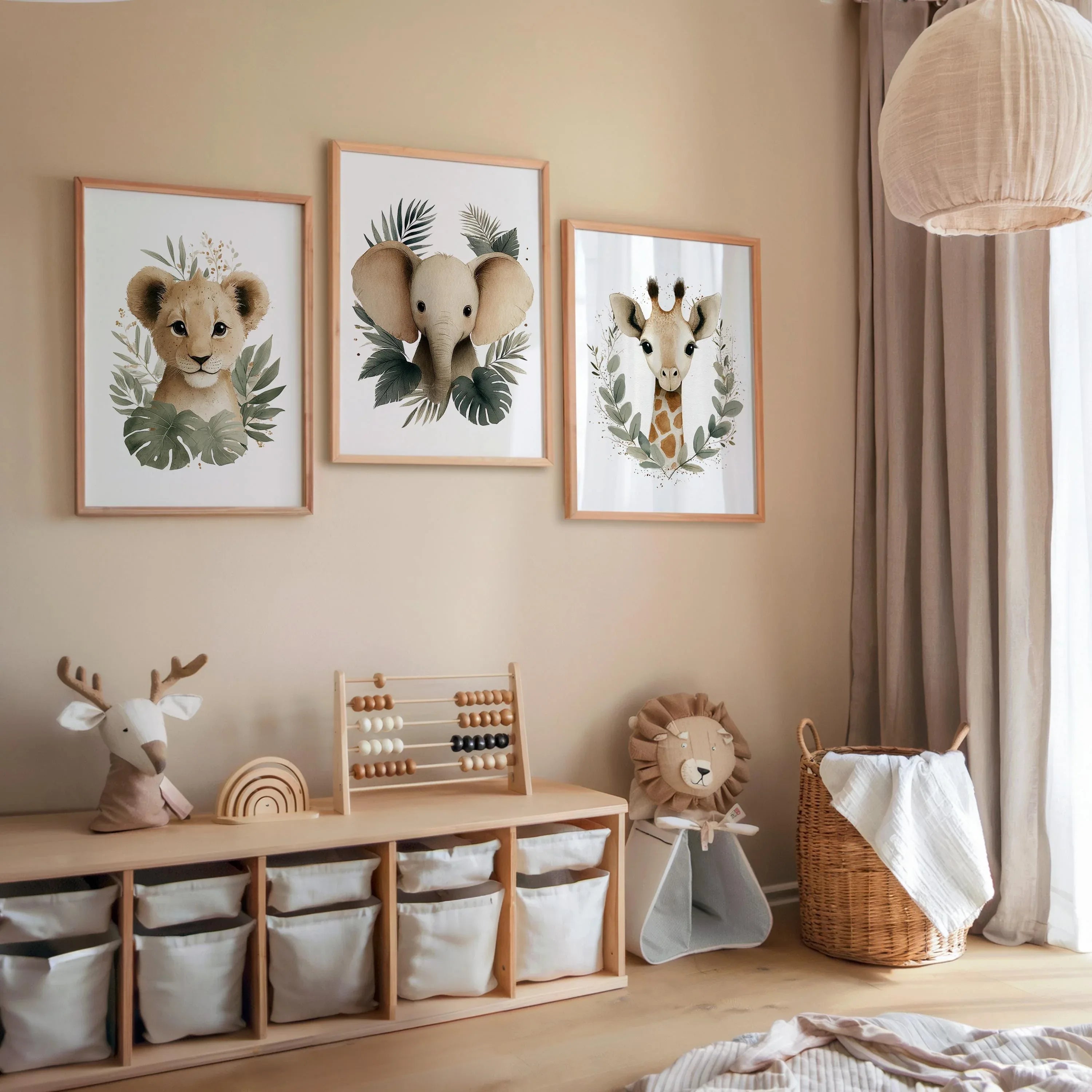 Safari animal wall art set of 3 – watercolor lion, elephant, and giraffe portraits for nursery