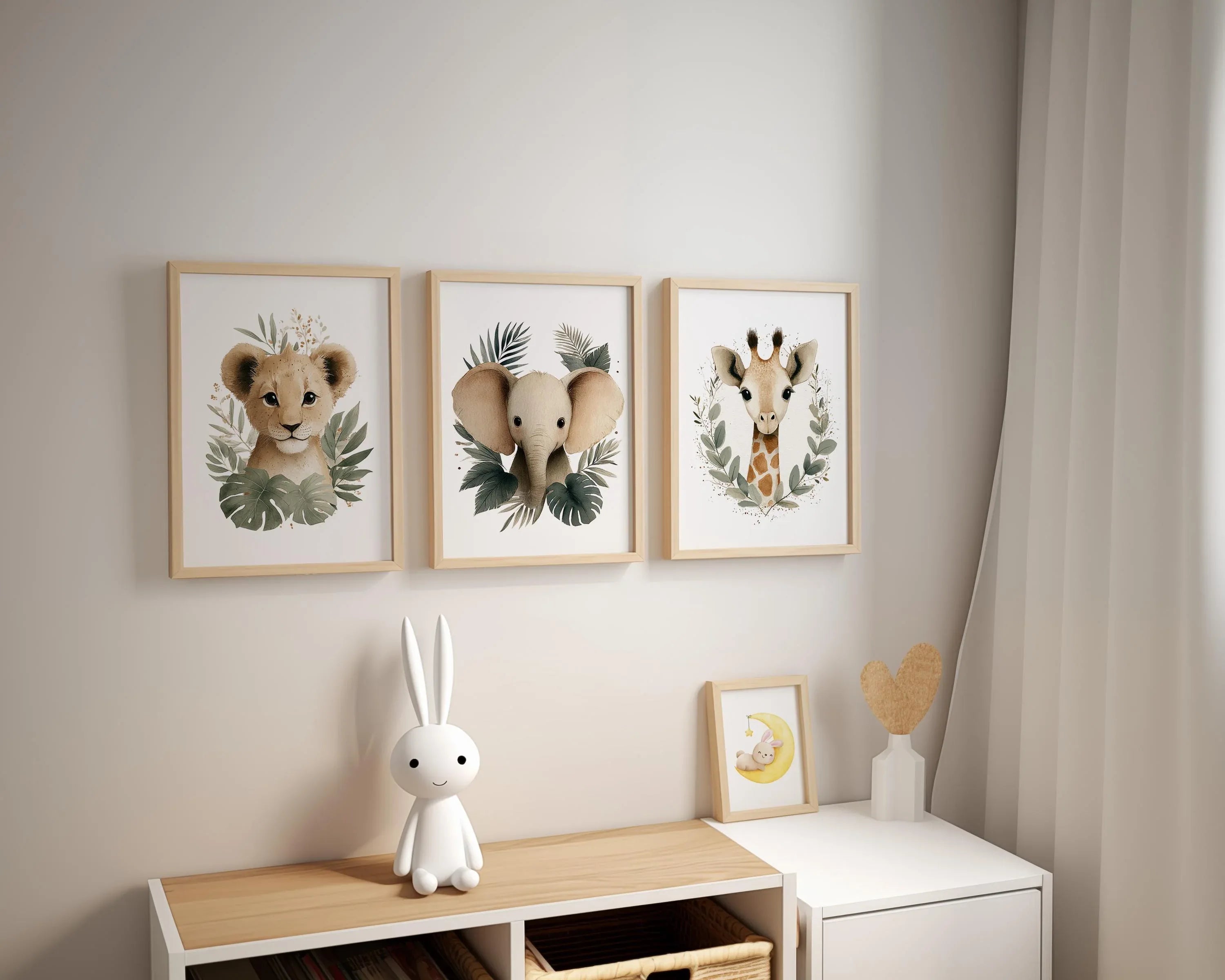 Safari animal wall art set of 3 – watercolor lion, elephant, and giraffe portraits for nursery