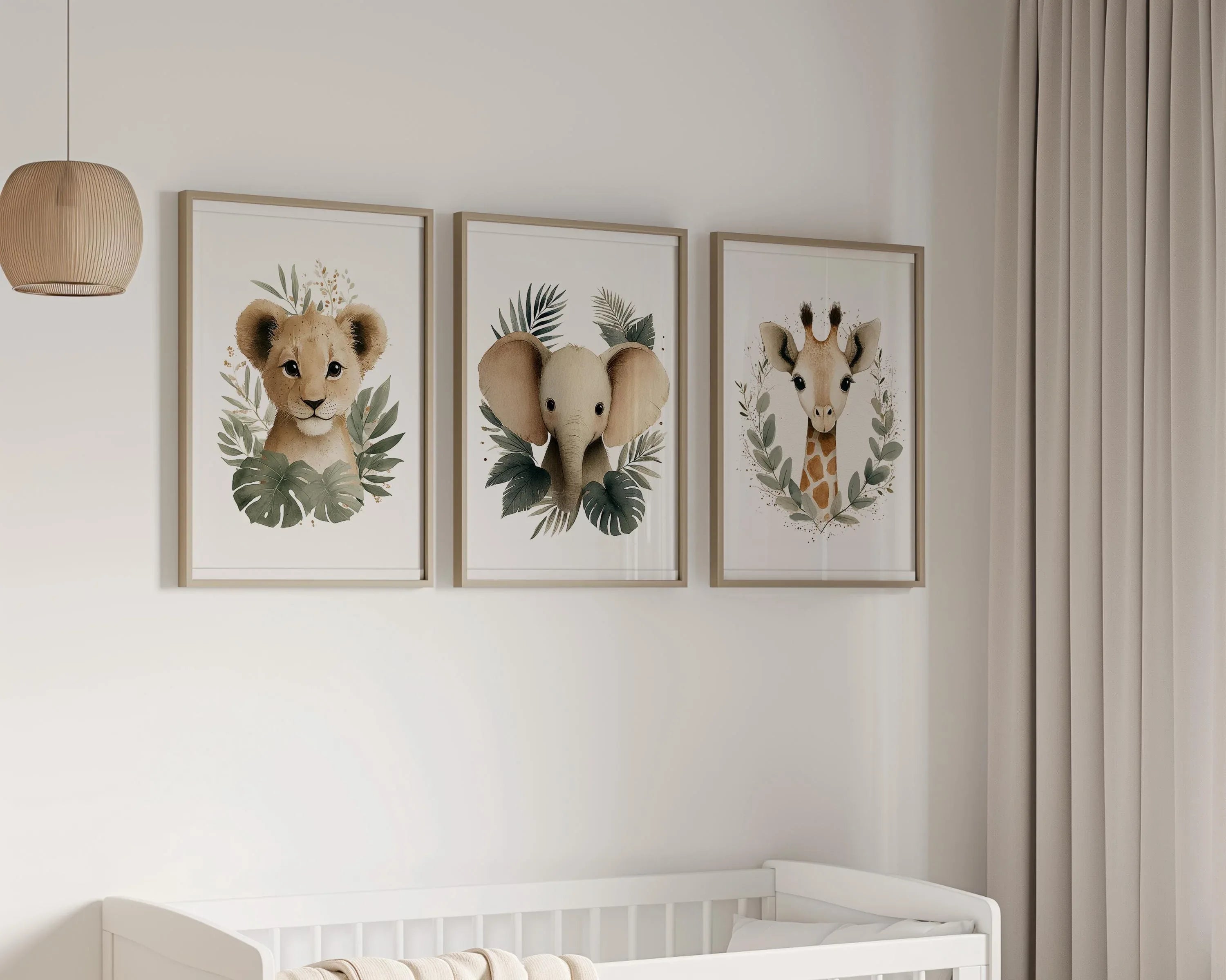 Safari animal wall art set of 3 – watercolor lion, elephant, and giraffe portraits for nursery