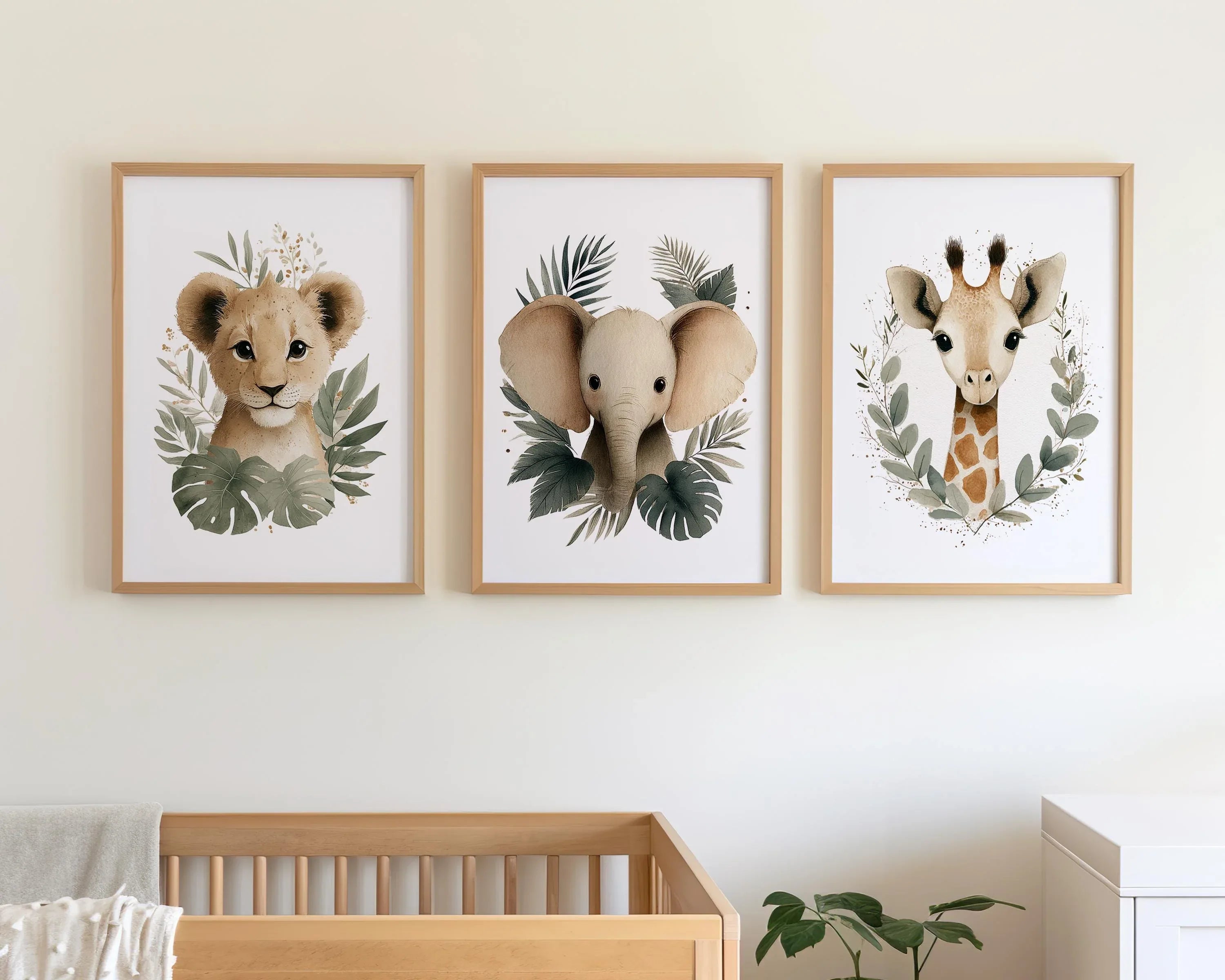 Safari animal wall art set of 3 – watercolor lion, elephant, and giraffe portraits for nursery