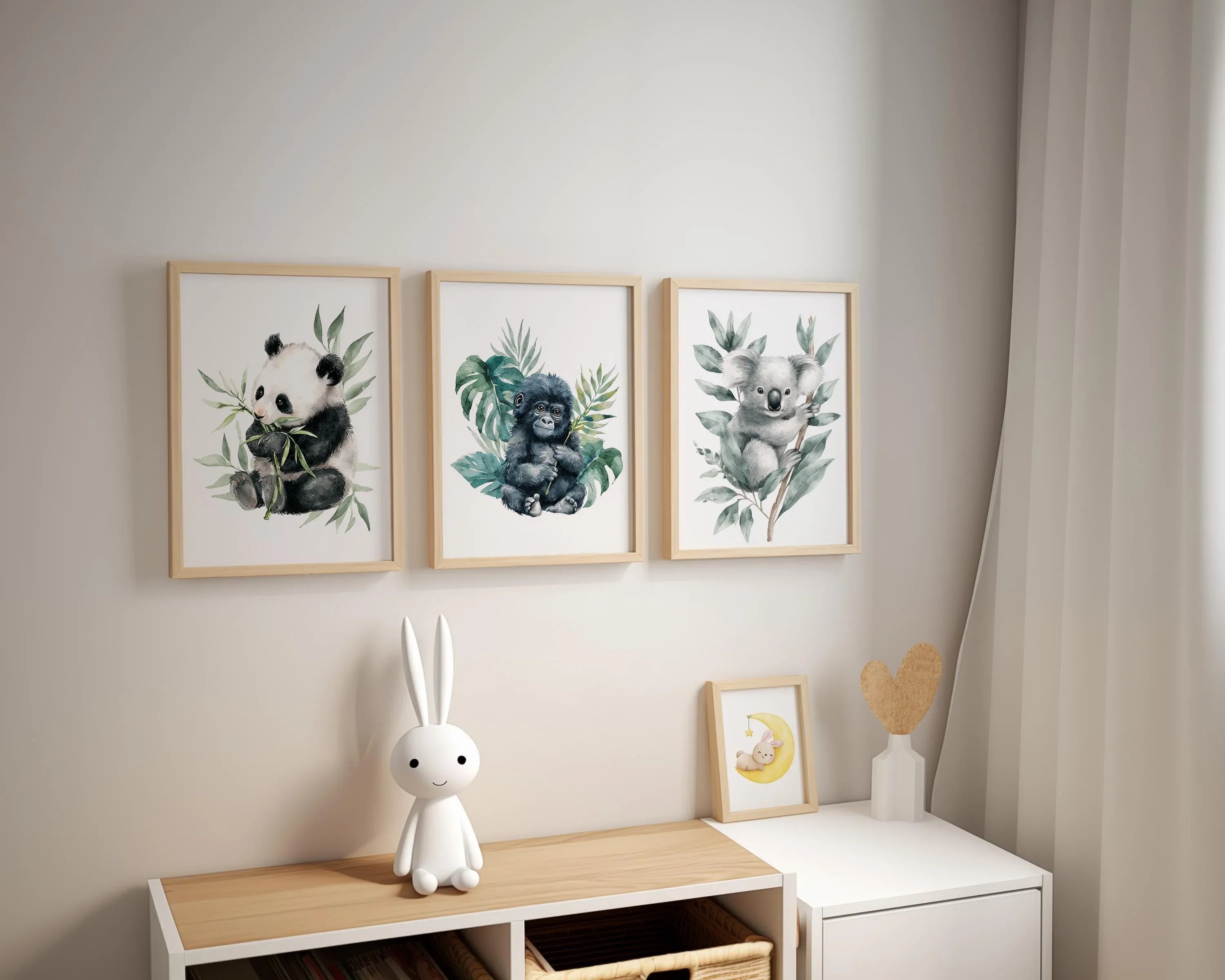 Nursery wall art set of 3 – watercolor panda, gorilla, and koala portraits with soft jungle foliage