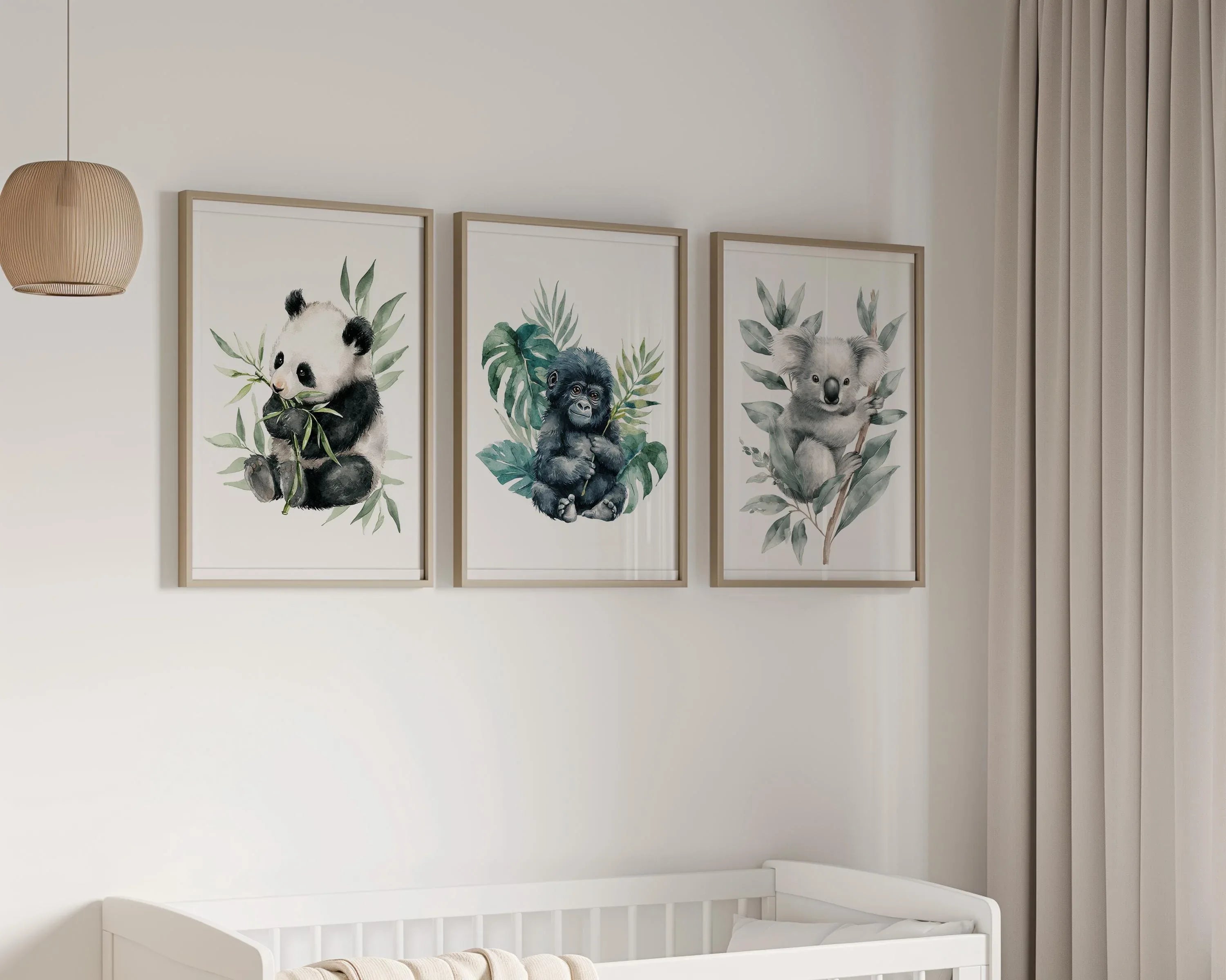 Nursery wall art set of 3 – watercolor panda, gorilla, and koala portraits with soft jungle foliage