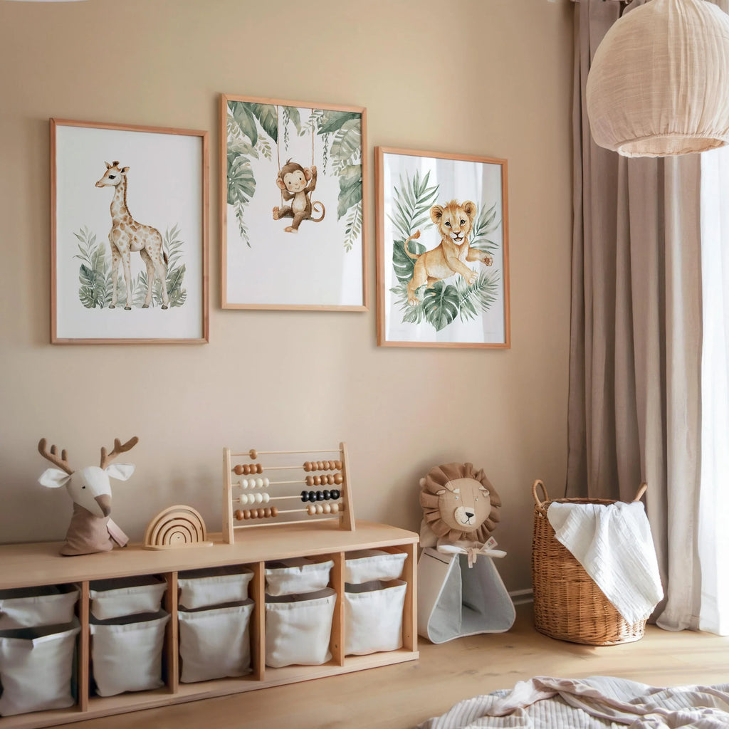 Safari nursery wall art set – watercolor jungle animals in warm earthy tones with tropical greenery