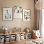 Safari nursery wall art set – watercolor jungle animals in warm earthy tones with tropical greenery