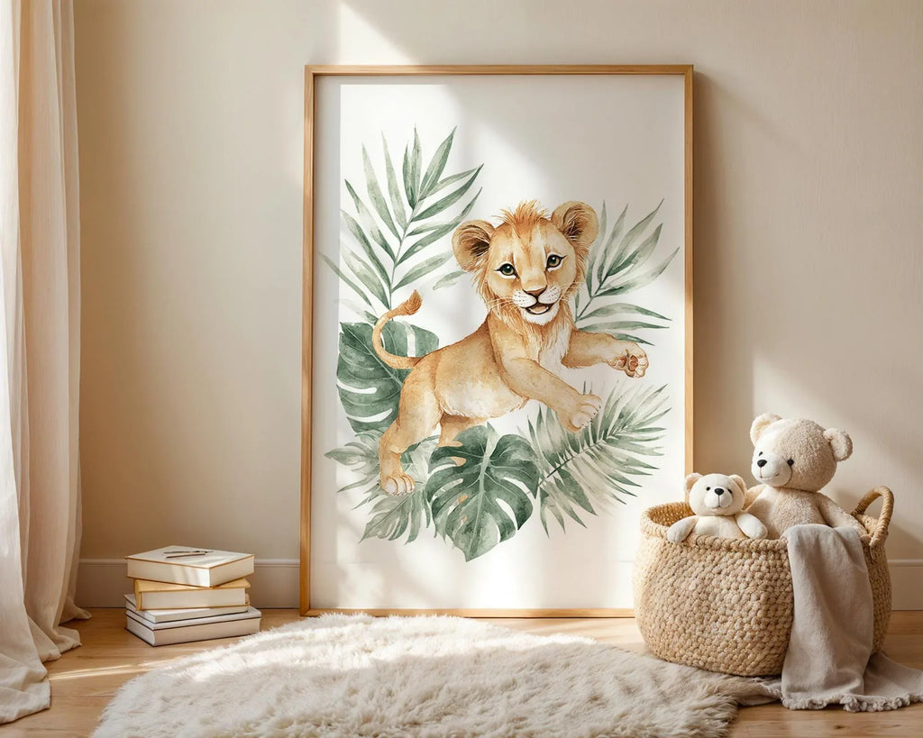 Safari nursery wall art set – watercolor jungle animals in warm earthy tones with tropical greenery