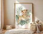 Safari nursery wall art set – watercolor jungle animals in warm earthy tones with tropical greenery