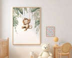 Safari nursery wall art set – watercolor jungle animals in warm earthy tones with tropical greenery