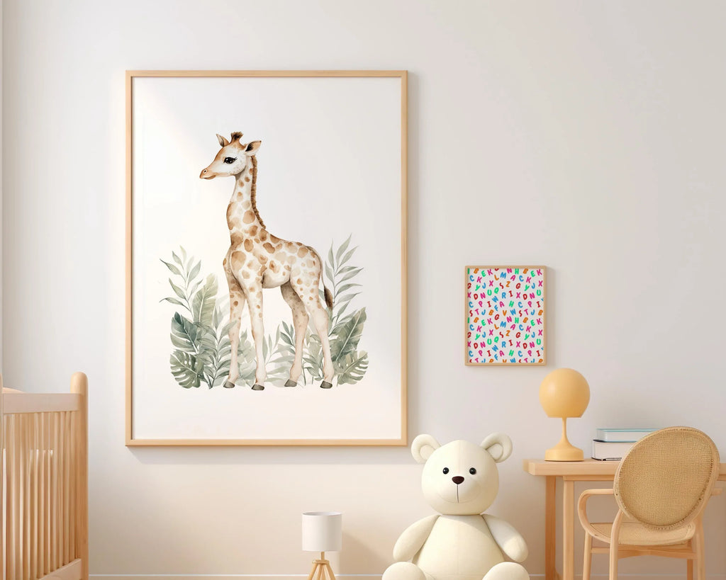 Safari nursery wall art set – watercolor jungle animals in warm earthy tones with tropical greenery