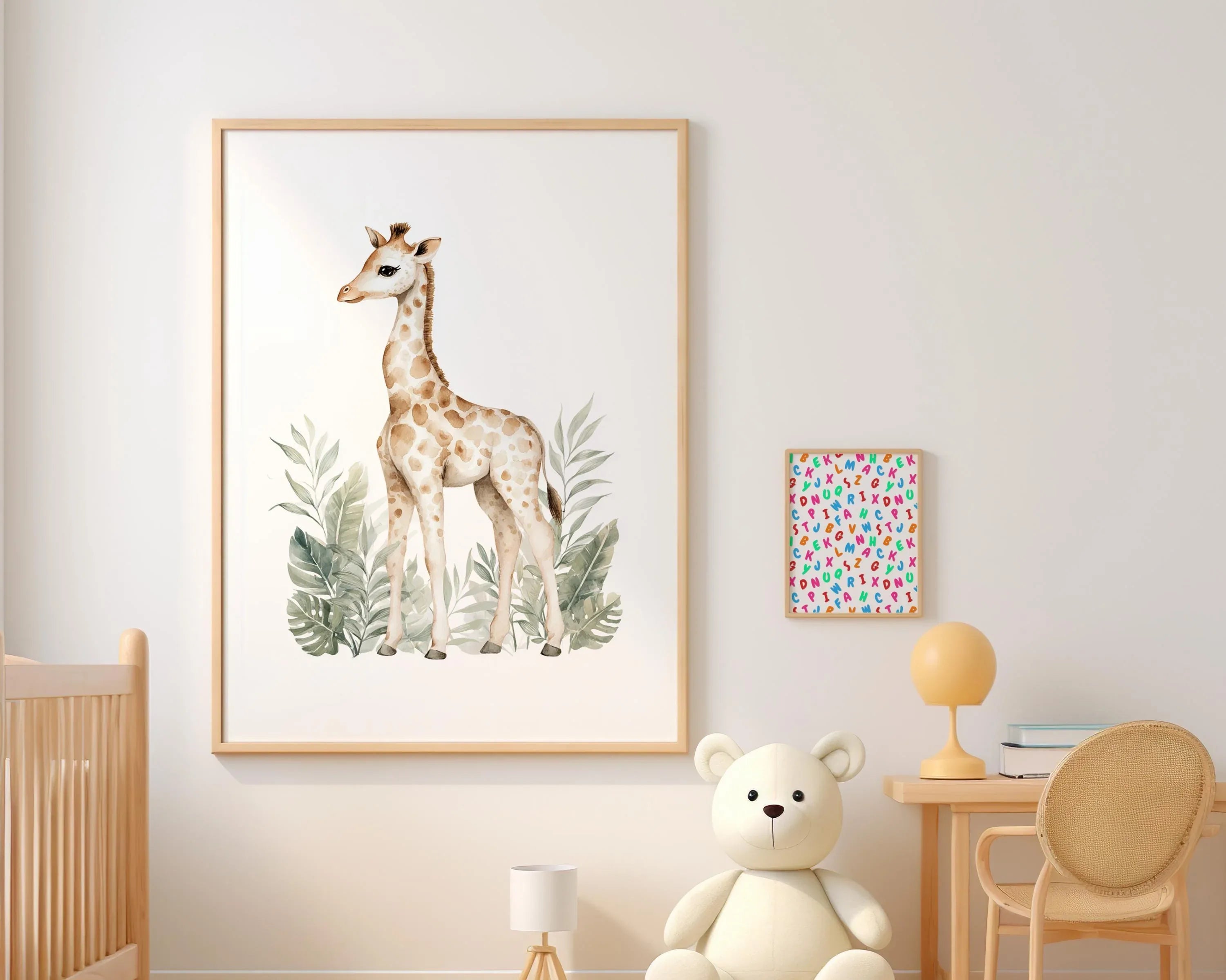 Safari nursery wall art set – watercolor jungle animals in warm earthy tones with tropical greenery